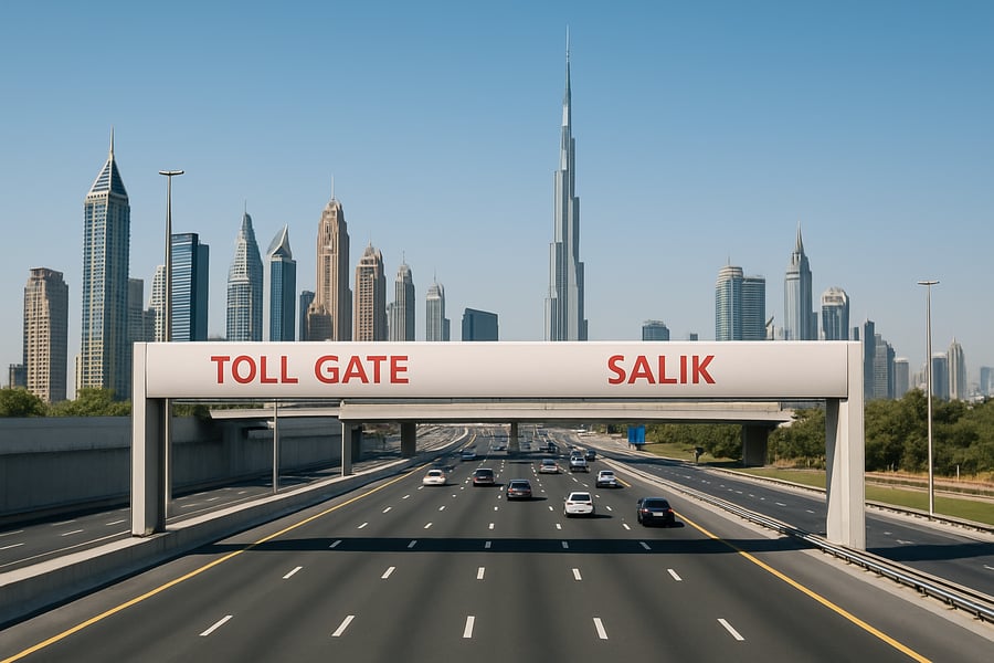 Dubai highway with toll gate and city skyline Dubai highway with toll gate and city skyline
