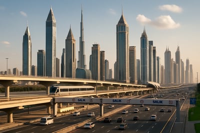 Dubai skyline with toll roads and modern transportation Dubai skyline with toll roads and modern transportation
